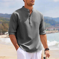 Men's casual long sleeve shirt with stand collar, solid color, stylish men's clothing from MANDOTOS.