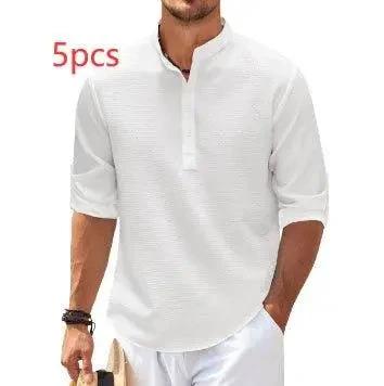 Men's casual long sleeve shirt with stand collar in solid color by MANDOTOS, displayed on a hanger.