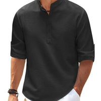 Men's casual long sleeve shirt with stand collar in solid color by MANDOTOS, suitable for everyday wear and stylish comfort.
