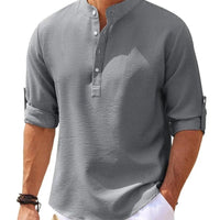 Men's casual long sleeve shirt with stand collar, solid color, by MANDOTOS, perfect for everyday men's clothing style.