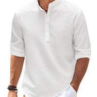 Men's casual long sleeve shirt with stand collar, solid color, from MANDOTOS men's clothing collection.