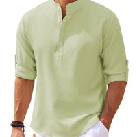 Men's casual long sleeve shirt with stand collar in solid color by MANDOTOS, featuring a comfortable fit and classic design.