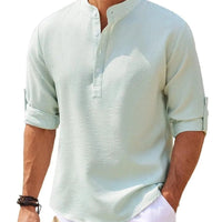 Men's casual long sleeve shirt with stand collar in solid color, by MANDOTOS, featuring a relaxed fit and classic design.
