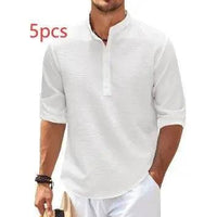 Men's casual long sleeve shirt by MANDOTOS with stand collar and solid color, suitable for everyday wear.