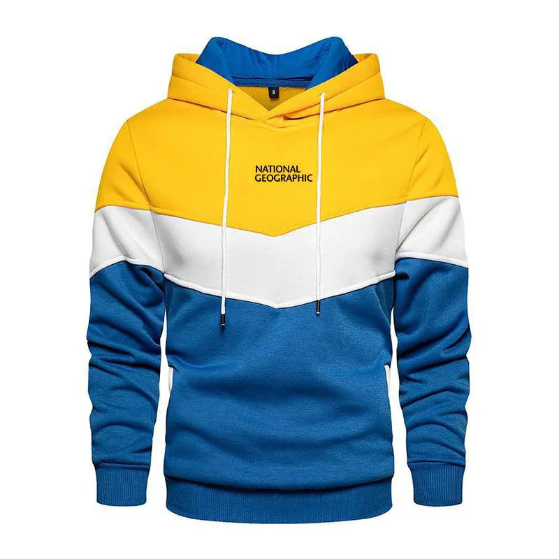 Men's casual sports panel hooded pullover sweatshirt by MANDOTOS, featuring a comfortable fit and stylish design.