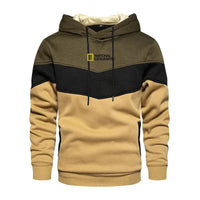 Mandotos men's casual sports panel hooded pullover sweatshirt with a front kangaroo pocket and athletic design.