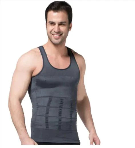 Mandotos men's contour shaper vest shown on a model, featuring snug fit and seamless design for enhanced body shaping and support.
