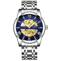 Mandotos men's fashion automatic mechanical hollow watch with waterproof design, showcasing a sleek, stylish wristwatch.