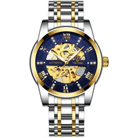 Mandotos men's fashion automatic mechanical watch with hollow design, waterproof feature, showcasing a stylish men's watch.