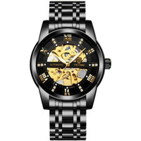 Mandotos men's fashion automatic mechanical watch with hollow design and waterproof feature, showcasing a sleek, stylish timepiece.