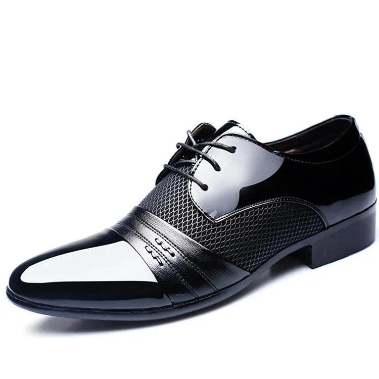Men's formal shoes by MANDOTOS, stylish black leather dress shoes with sleek design and lace-up closure.