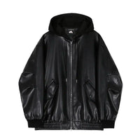 Men's hooded leather jacket by MANDOTOS, featuring a stylish black design with a hood, zipper front, and rugged leather texture.