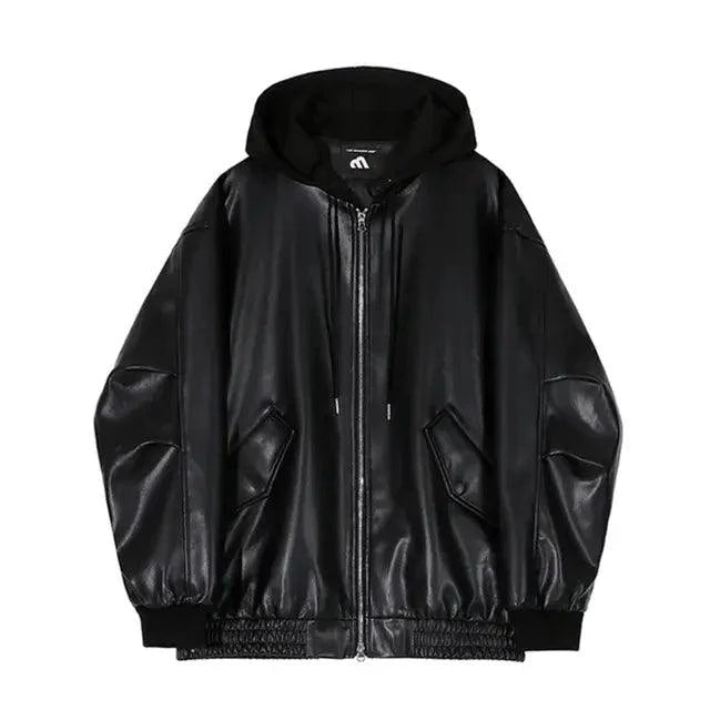 Men's black hooded leather jacket by MANDOTOS, featuring a stylish hood and classic leather design, perfect for casual wear.