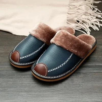 Men's luxury leather slippers by MANDOTOS, featuring soft leather upper and comfortable slip-on design, ideal for indoor wear.
