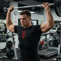 Mandotos men's short sleeve compression rash guard shirt with colorful print, quick-dry fabric, ideal for gym workouts and athletic activities.