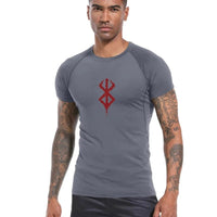 Mandotos men's short sleeve compression rash guard shirt with colorful print, designed for gym workouts and quick-dry athletic performance.