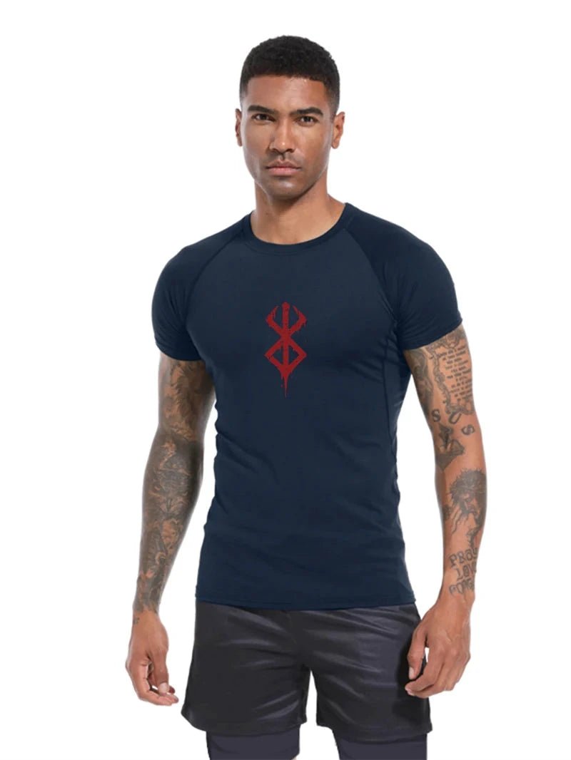 Mandotos men's short sleeve compression rash guard shirt with colorful print, quick-dry fabric, ideal for gym and athletic workouts.