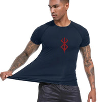 Mandotos men's short sleeve compression rash guard shirt with colorful print, quick-dry fabric, ideal for gym and athletic workouts.