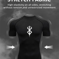 Mandotos men's short sleeve compression rash guard shirt with colorful print, quick-dry athletic top for gym and summer workouts.