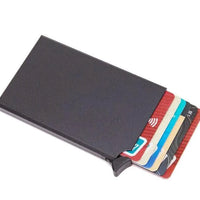 Men's RFID slim carbon fiber money clip and card holder by MANDOTOS, featuring a sleek compact design with multiple card slots.