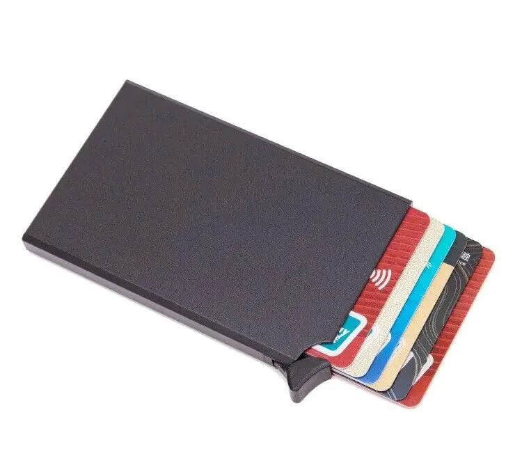 Men's RFID slim carbon fiber money clip and card holder by MANDOTOS, featuring a sleek compact design with multiple card slots.
