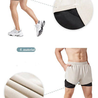 Men's black quick-drying running shorts by MANDOTOS, double-layer fitness shorts suitable for sport, workout, and bodybuilding.