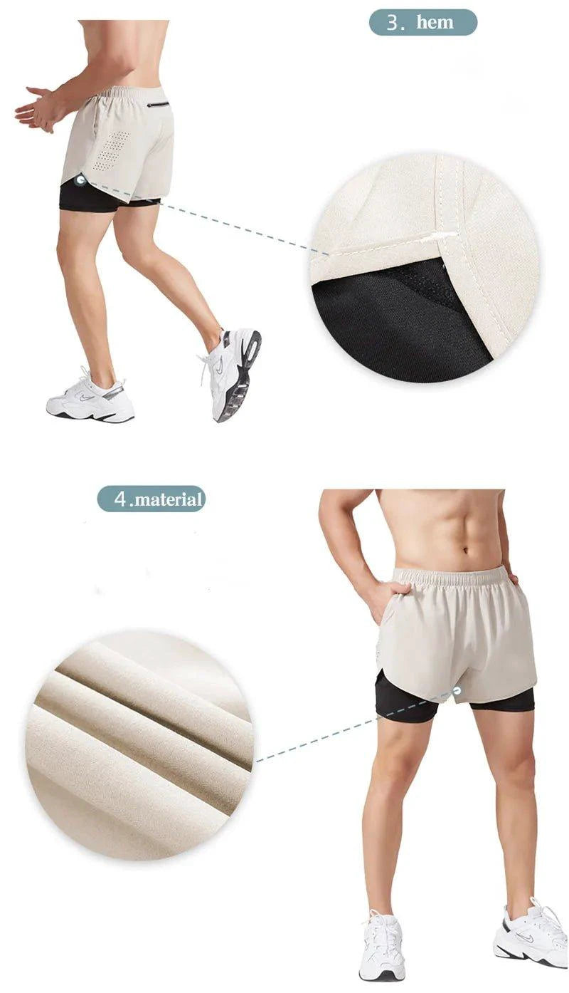 Men's Running Shorts Quick-drying Fitness Black Double Layer Shorts Men New Sport Workout Training Bodybuilding Short Pants - MANDOTOS