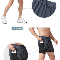 Men's black quick-drying running shorts by MANDOTOS, double-layer design ideal for fitness, workout, and bodybuilding training.