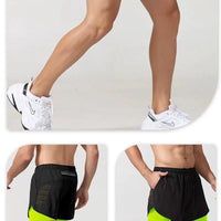 Mandotos men's black double-layer running shorts with quick-drying fabric, suitable for fitness, workout, and bodybuilding training.