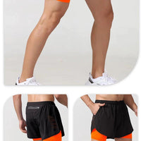 Men's black quick-drying running shorts by MANDOTOS with double-layer design, ideal for fitness, workout, and bodybuilding training.