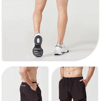 Mandotos men's black running shorts with double-layer design, quick-drying fabric, suitable for fitness, sport, and workout training.