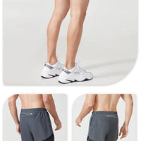 Men's black quick-drying running shorts by MANDOTOS, double-layer design, ideal for fitness, workout, and bodybuilding training.