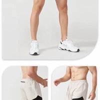 Men's black quick-drying fitness running shorts by MANDOTOS, double layer design, ideal for workout, training, and bodybuilding.