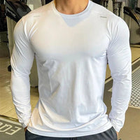 Mandotos men's long sleeve sports shirt for badminton, running, and training, featuring quick-dry, casual, lightweight design for fitness activities.