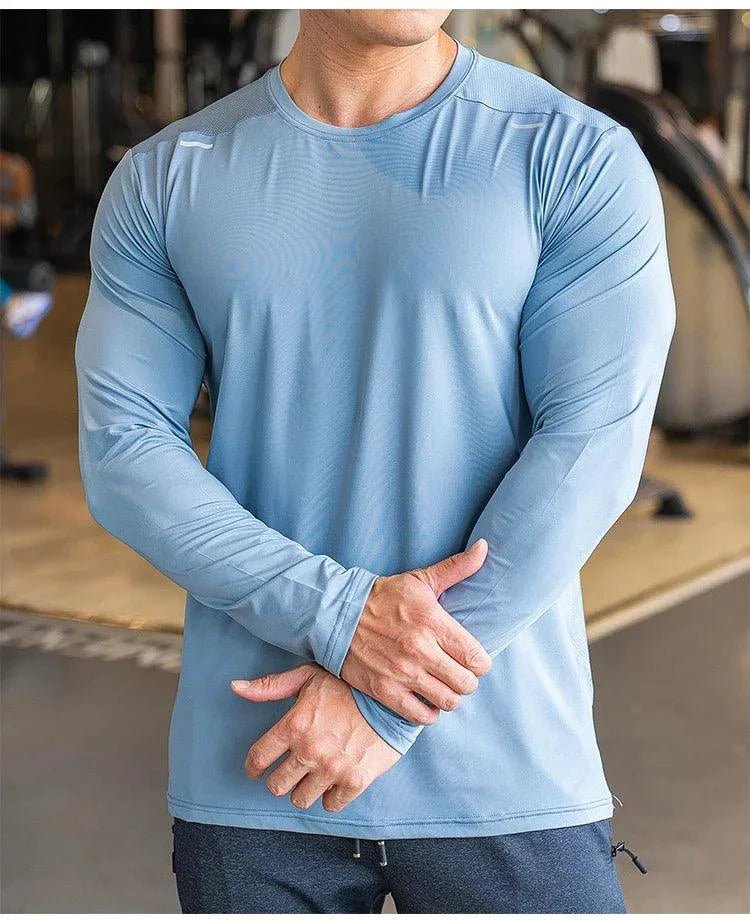 Mandotos men's long sleeve sports fitness shirt, quick-dry outdoor badminton and running top, ideal for training and casual bodybuilding.