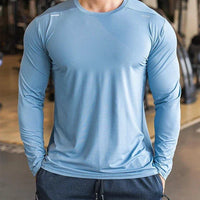 Mandotos men's long sleeve sports fitness shirt, quick-dry outdoor badminton and running top, lightweight casual bodybuilding sportswear.