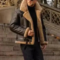 Men's stylish winter leather jacket with fur lining by MANDOTOS, featuring a sleek design and warm, durable exterior.