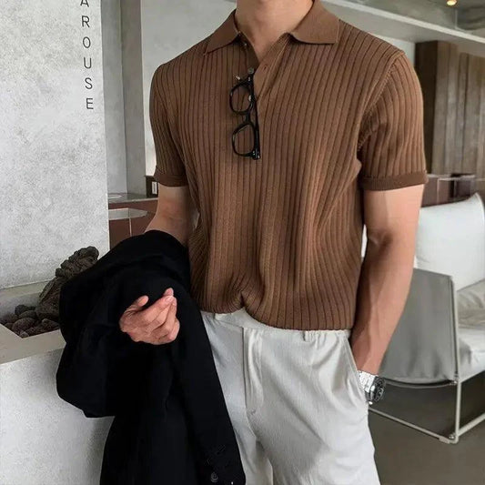 Men's Textured Knit Lapel Polo - MANDOTOS