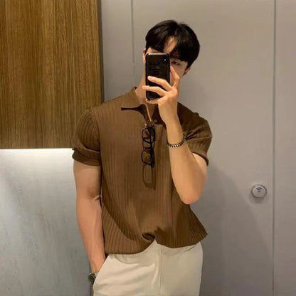 Men's Textured Knit Lapel Polo - MANDOTOS