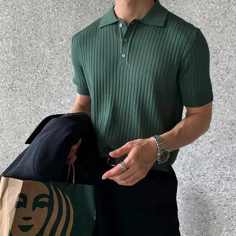 Men's textured knit lapel polo shirt by MANDOTOS, featuring a classic collar and detailed knit fabric.