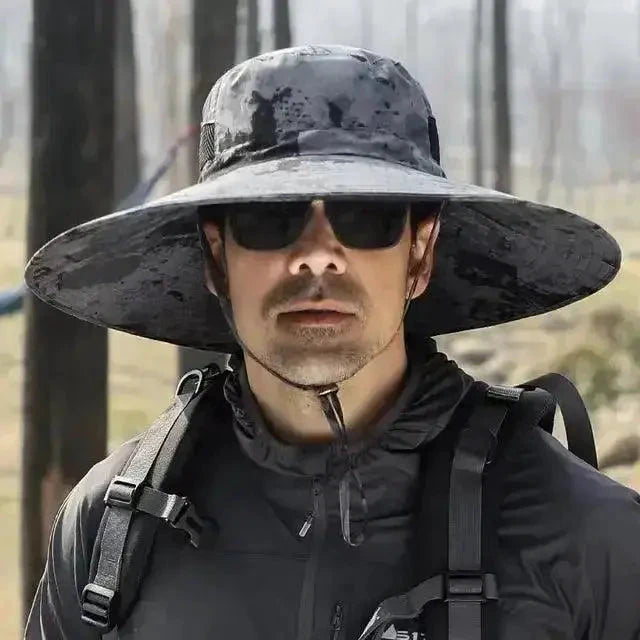 Men's wide brim sun protection hat by MANDOTOS, featuring a breathable fabric and adjustable strap for outdoor sun safety.