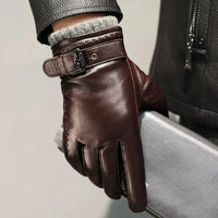 Men's winter leather gloves by MANDOTOS, showing close-up of black leather gloves designed for cold weather warmth and style.