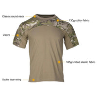 Mandotos men's camouflage tactical combat T-shirt with breathable fabric, outdoor hunting and workout clothing, featuring a camo pattern.