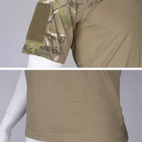 Mandotos men's camouflage tactical T-shirt with breathable fabric, suitable for outdoor hunting, combat, and workout activities.