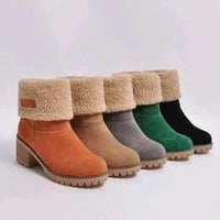 Mandotos mid-tube thick heel suede snow boots with a sturdy sole and stylish design, ideal for winter cold weather.