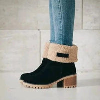 Mandotos mid-tube suede snow boots with thick heels, featuring a stylish design and cozy lining for winter wear.