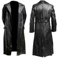 Mandotos Midnight Leather Trench coat featuring sleek black leather and classic design, shown hanging on a hanger.