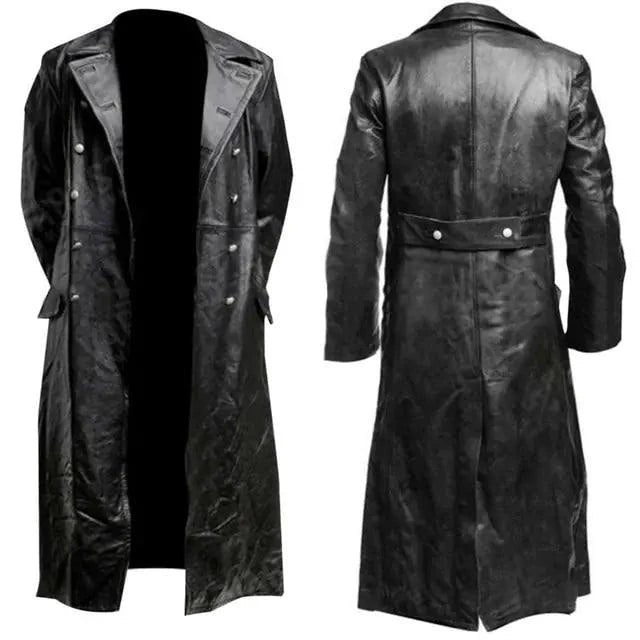 Mandotos Midnight Leather Trench coat showing sleek black leather with tailored fit and classic trench design.