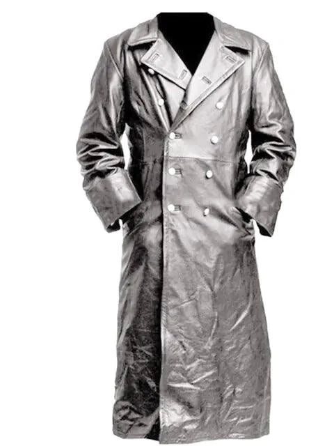 Mandotos Midnight Leather Trench coat displayed on a hanger, showcasing sleek black leather with a classic trench design.