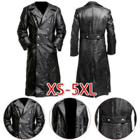 Black Midnight Leather Trench coat by MANDOTOS, featuring a sleek design and classic silhouette, shown on a hanger.